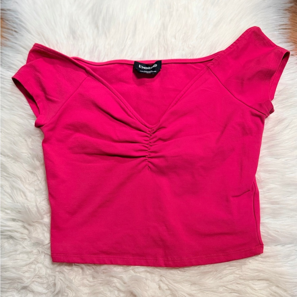 bebe Y2K Pink Ruched Off Shoulder Crop Top XS